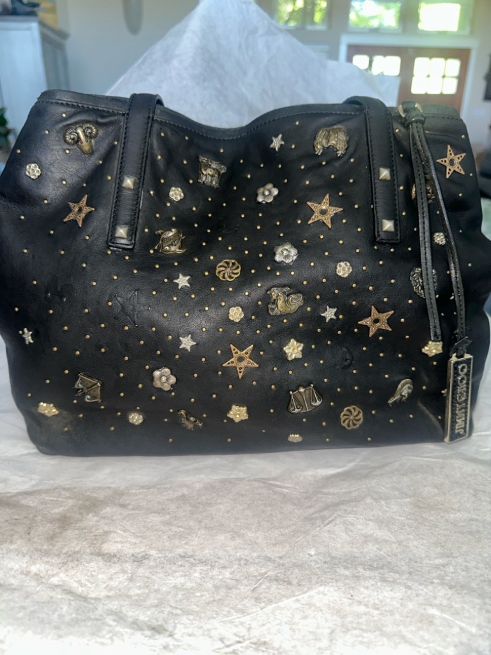 Jimmy Choo Black Zodiac Leather Shoulder Bag w/Gold & Silver Stud Accents COA